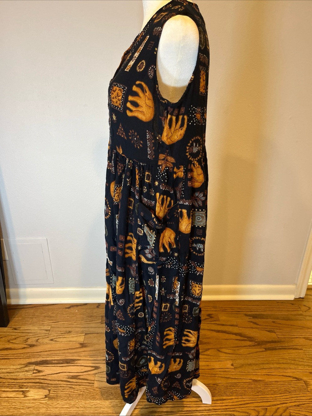 Btg Bila Midi Dress Womens L Boho Hippie Elephants Button Front Sleeveless Baggy - Picture 3 of 12